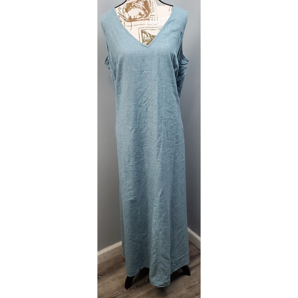 J. Jill Maxi Dress Women XL Tall Blue Linen Blend Sleeveless Side Pockets V-Neck